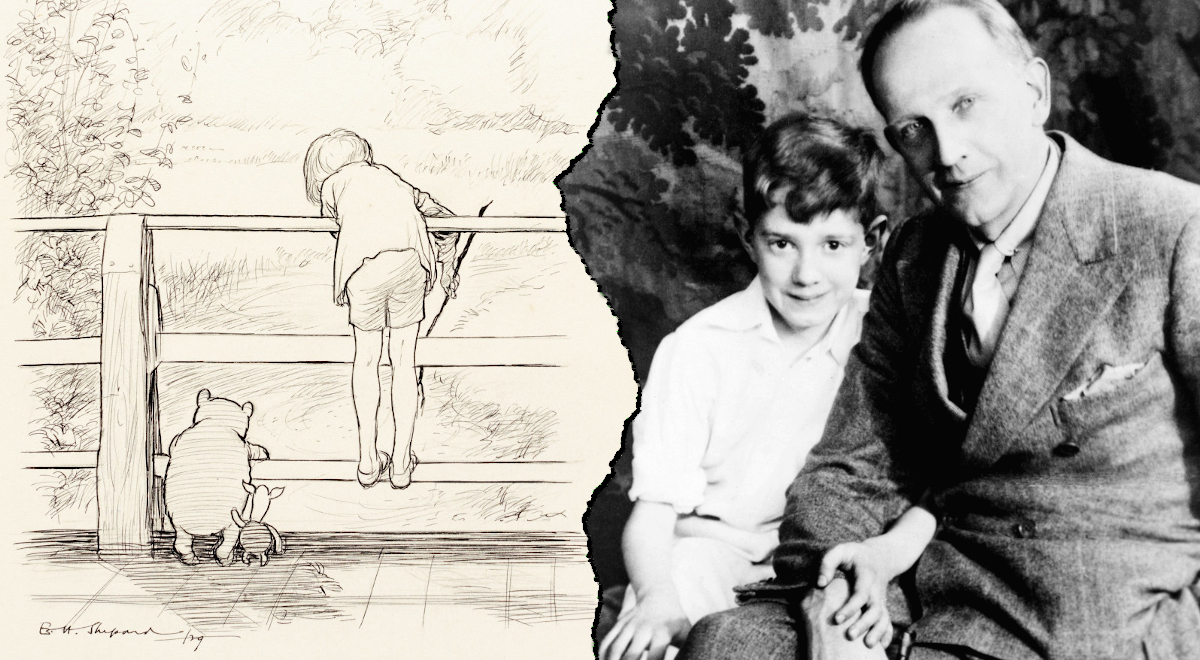 Po lewej: ilustracja E. H. Sheparda przedstawiająca Krzysia, Puchatka i Prosiaczka. Po prawej: kilkuletni Christopher Milne ze swoim ojcem A. A. Milnem, autorem książek o Puchatku i Krzysiu