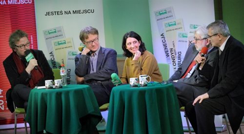 Studio im. Władysława Szpilmana. Od lewej: Jacek Wakar, Roman Pawłowski, Joanna Mytkowska, Zenon Butkiewicz, Olgierd Łukaszewicz