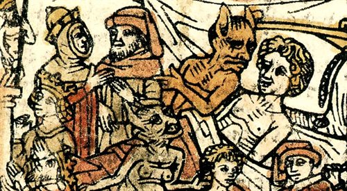 Ilustracja do traktatu ars moriendi z połowy XV w. Teksty te należały do dzieł moralistycznych przygotowujących, zgodnie z zaleceniami religijnymi, do odejścia z tego świata