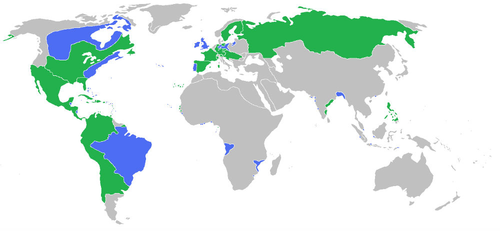 Państwa biorące udział w wojnie siedmioletniej i ich kolonie. Kolor niebieski - Wielka Brytania, Prusy, Portugalia z sojusznikami, Kolor zielony - Francja, Hiszpania, Austria, Rosja, Szwecja z sojusznikami
