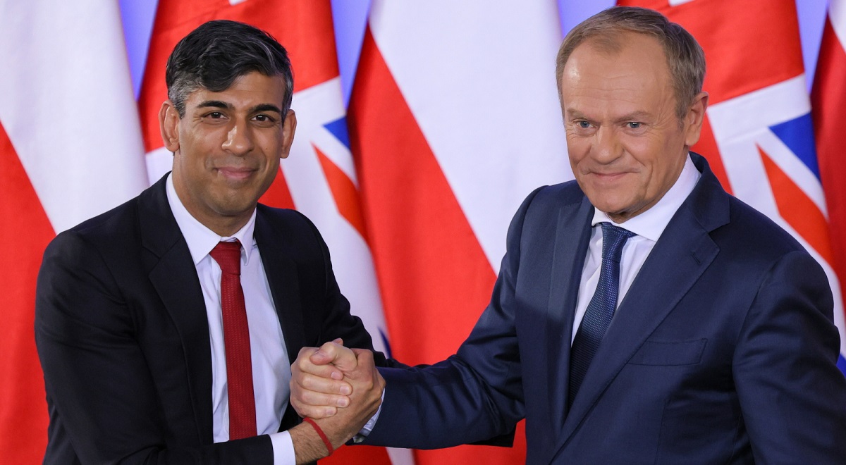 Polands Prime Minister Donald Tusk (right) and his British counterpart Rishi Sunak (left) meet in Warsaw on Tuesday, April 23, 2024.