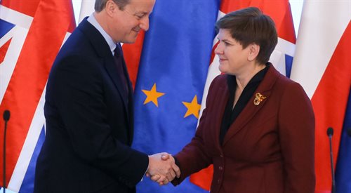 Premier RP Beata Szydło i premier Wielkiej Brytanii David Cameron podczas spotkania w Warszawie, 5 lutego 2016 r.