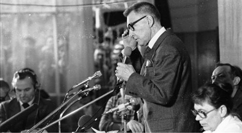 Lech Bądkowski podczas konferencji prasowej Solidarności, (31.10.1980)
