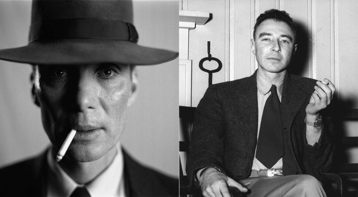 Po lewej Cilian Murphy jako Robert Oppenheimer, po prawej - Robert Oppenheimer; Fot.: Universal Pictures/mat. prasowe; Wikimedia Commons/dp
