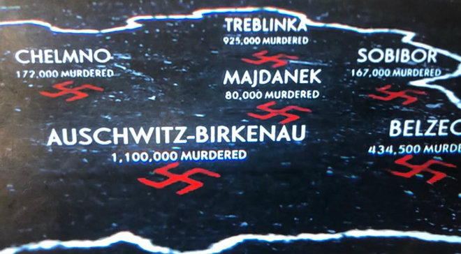 Ujęcie z serialu "Księgowy Auschwitz" przedstawiający niemieckie obozy na mapie współczesnej Polski. Fot. Netflix/TV screen