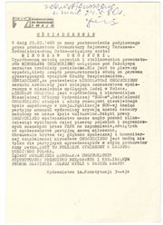 Oświadczenie wydane przez Wydawnictwo im. Konstytucji 3 Maja w sprawie uwięzienia Mirosława Chojeckiego. Ręczny dopisek dotyczący zarekwirowania ulotki podczas rewizji wykonany przez Jacka Kuronia