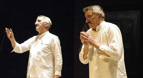 Wacław Janicki i Lesław Janicki podczas występu w sztuce Akt bez słów II Samuela Becketta