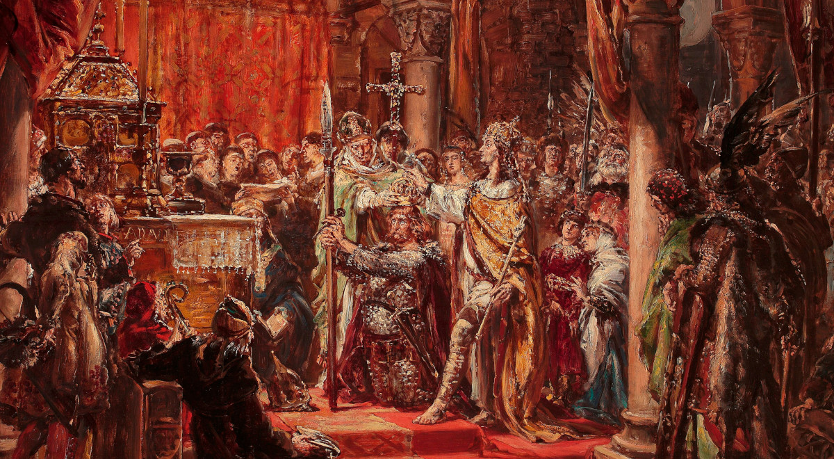 Koronacja pierwszego króla Polski pędzla Jana Matejki (fragm. obrazu), koronę zakładają Chrobremu cesarz i biskup