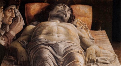Fragment obrazu Andrei Mantegni Opłakiwanie zmarłego Chrystusa
