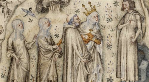 Machaut otrzymuje od Natury jej troje dzieci  Roztropność, Retorykę i Muzykę. Francuska miniatura z XIV wieku.