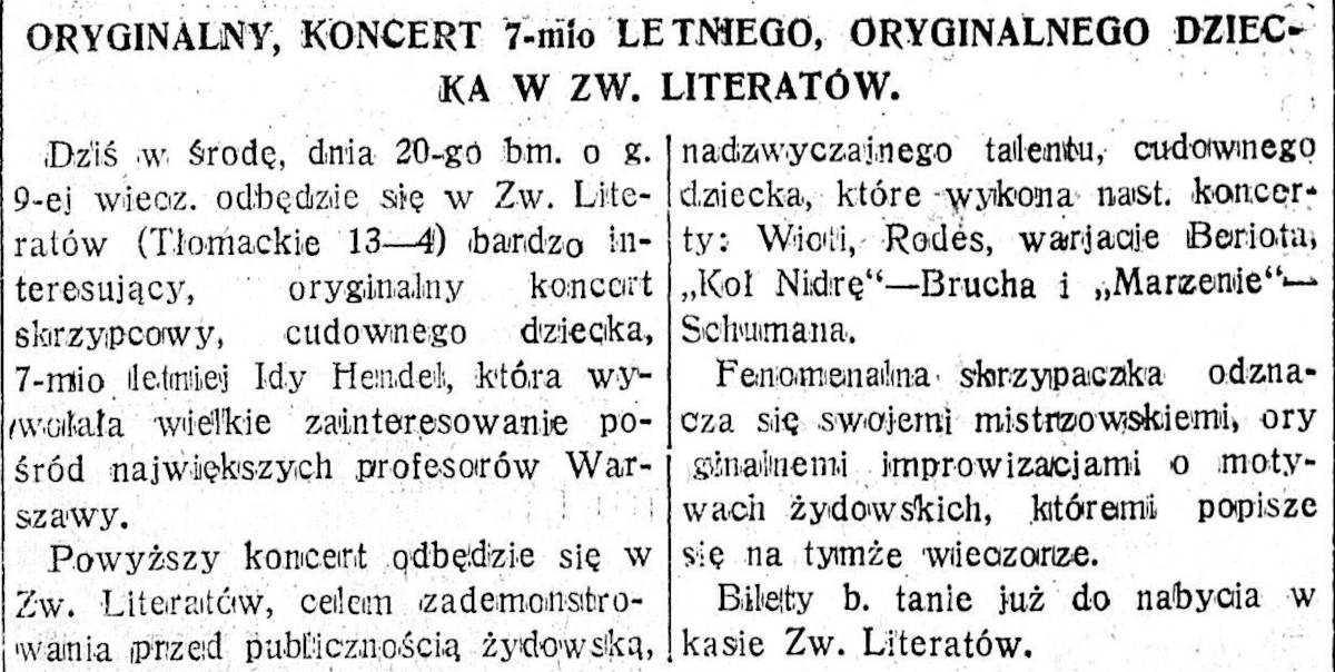 Notka prasowa w "Naszym Przeglądzie" z 20 maja 1931 roku nt. warszawskiego debiutu Idy Hendel. Fot. Polona/dp