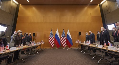US Deputy Secretary of State Wendy Sherman, left, and Russian deputy foreign minister Sergei Ryabkov attend security talks at the United States Mission in Geneva, Switzerland, 10 January 2022