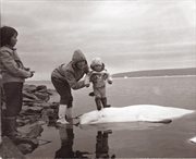 Kari podtrzymywana przez Marię stoi na grzbiecie białego wieloryba, upolowanego przez Avataka, 1971 r. Fotografia z książki Kari Herbert 