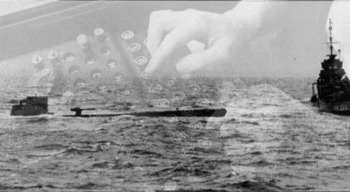 U-110 i brytyjski niszczyciel na tle maszyny szyfrującej Enigma.