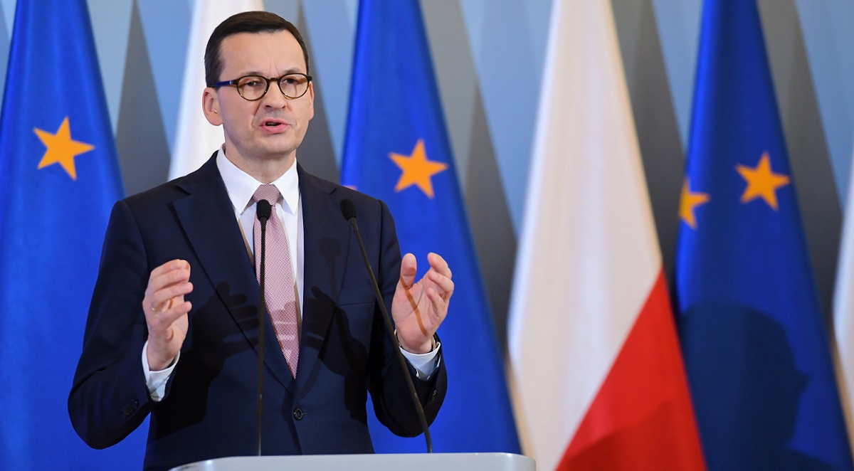 Polish Prime Minister Mateusz Morawiecki during a news conference in Warsaw on Friday evening.