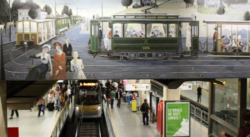 Obraz Nos vieux trams bruxellois, P. Delvaux na stacji Bourse