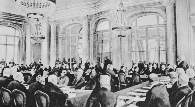 Paryska konferencja pokojowa (18 stycznia 1919-21 stycznia 1920), w wyniku której został zawarty traktat wersalski. Paryż, styczeń 1919