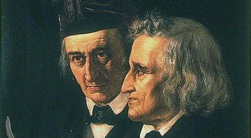 Podwójny portret Wilhelma (l) i Jakuba (p) Grimmów autorstwa Elisabeth Marii Anny Jerichau-Baumann, 1855