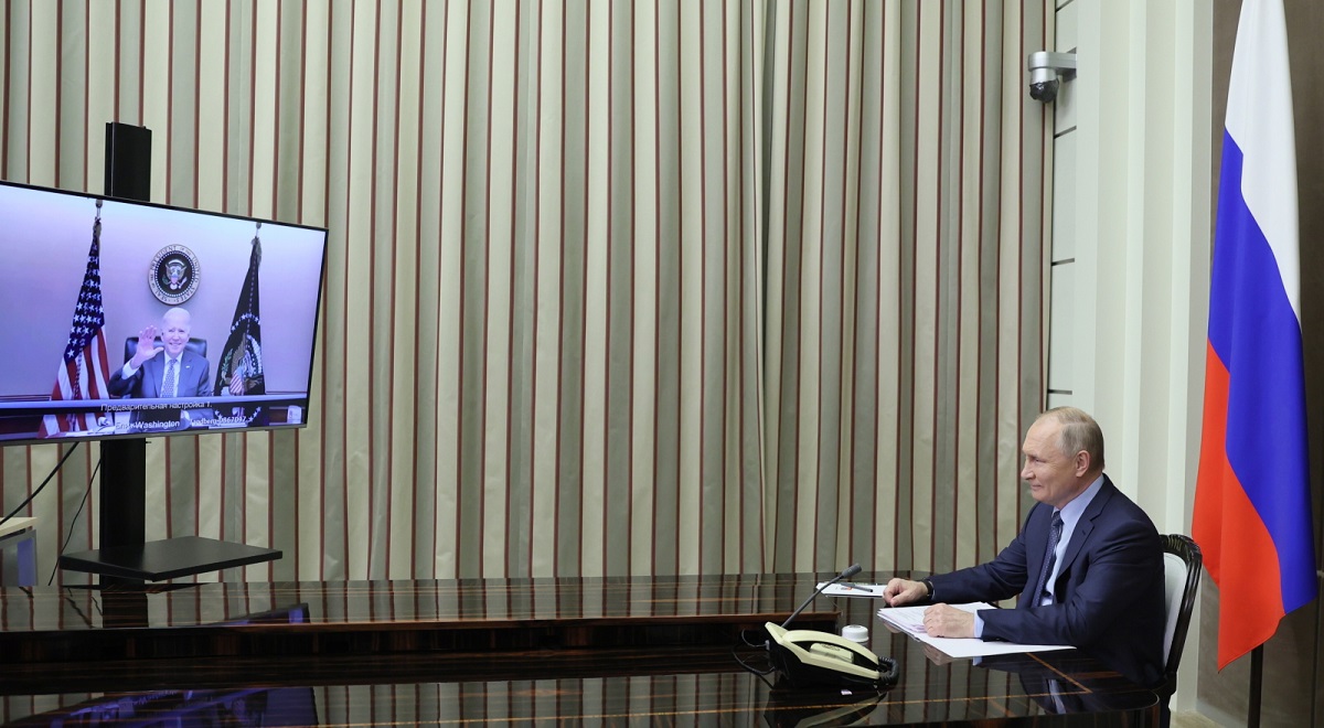 US President Joe Biden and Russian President Vladimir Putin hold a video call on Tuesday, Dec. 7, 2021.