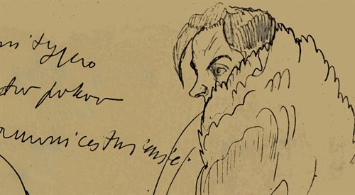 Autoportret Witkacego na rysunku z napisem Zadość uczyni tylko zupełn[y] pokój i samounicestwienie