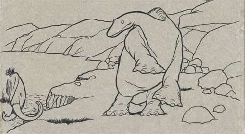 Kadr z Gertie the Dinosaur - amerykańskiego krótkometrażowego niemego filmu animowanego z 1914 roku w reżyserii Winsora McCaya