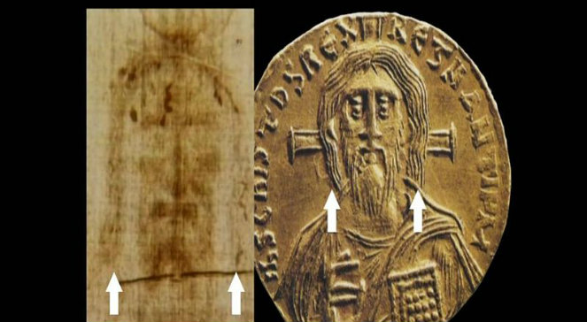 Porównanie wizerunku Jezusa na Całunie oraz monecie z czasów cesarza Justyniana z VIII wieku