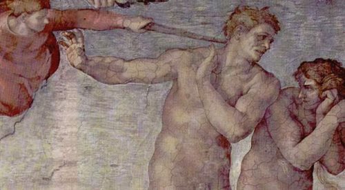 Adam i Ewa wygnani w Raju. Fragm. fresków Michała Anioła z Kaplicy Sykstyńskiej