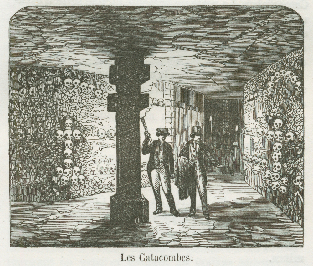 Zwiedzanie paryskich katakumb na rycienie z 1855 roku. Źródło: wikimedia/domena publiczna
