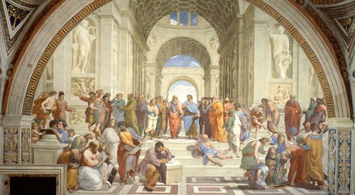 Szkoła ateńska Rafaela Santiego to jeden z wielu fresków namalowanych na zlecenie papieża Juliusza II