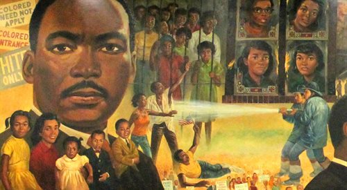 Mural przedstawiający Martina Luthera Kinga na ścianie biblioteki w Waszyngtonie