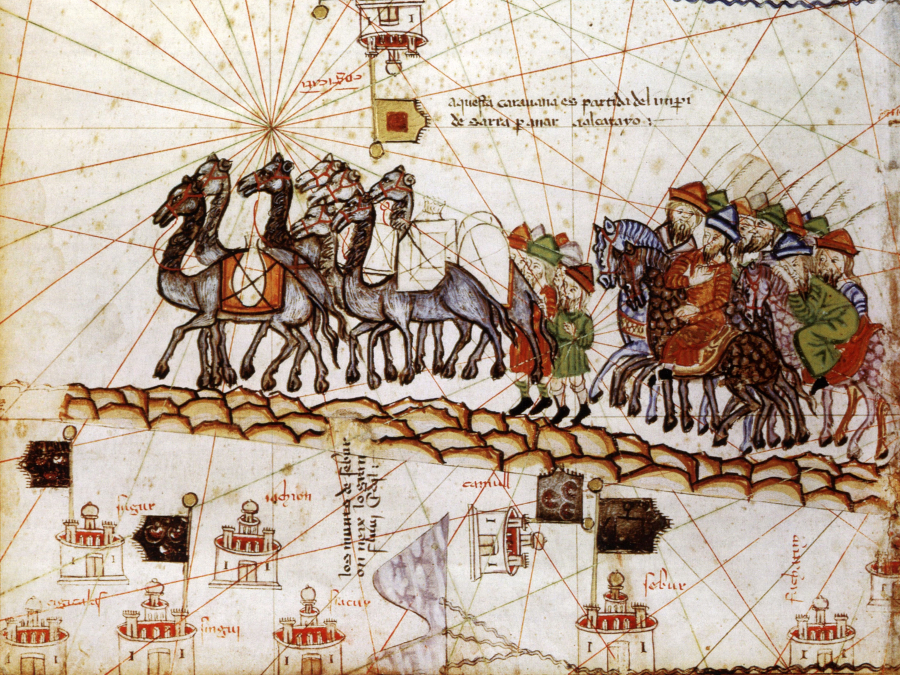 "Karawana na Jedwabnym Szlaku". Frgament "Atlasu katalońskiego" z XIV wieku autorstwa prawdopodobnie Abrahama Cresquesa. Fot. domena publiczna