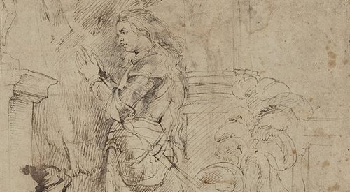 Peter Paul Rubens (przypisywany), Klęcząca Joanna dArc, ok. 1622, pióro w tonie brązowym na zarysie czarną kredką, papier żeberkowy