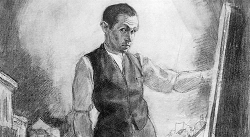 Bruno Schulz, Autoportret ze sztalugami na tle miasteczka (fragm.), ok. 1925 r.
