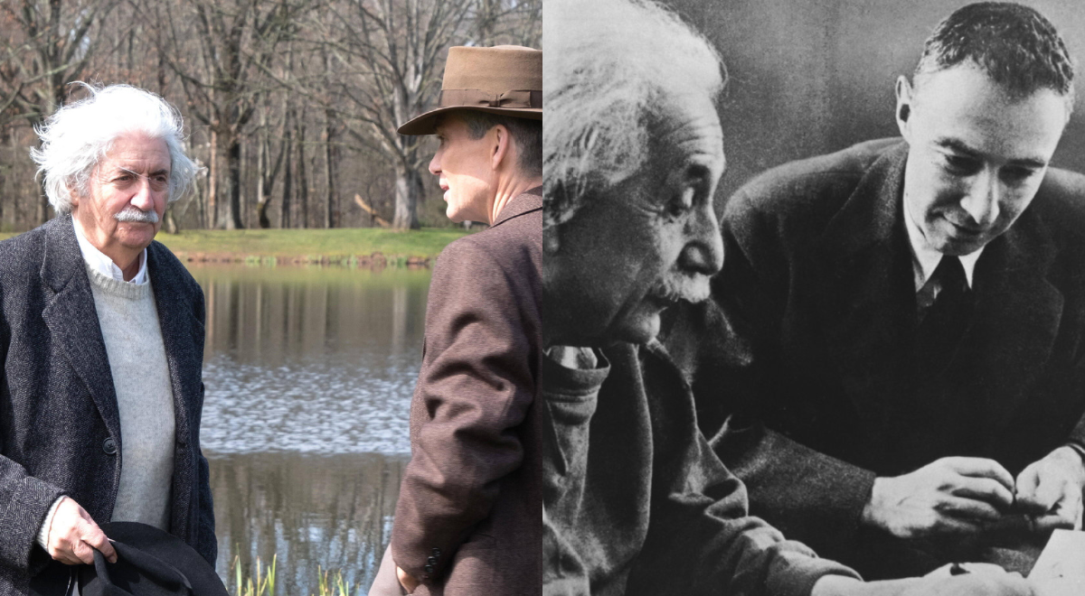 Po lewej Tom Conti i Cillian Murphy jako Einstein i Oppenheimer, po prawej prawdziwi Einstein i Oppenheimer. Fot.: PAP/Avalon; Wikimedia Commons/dp