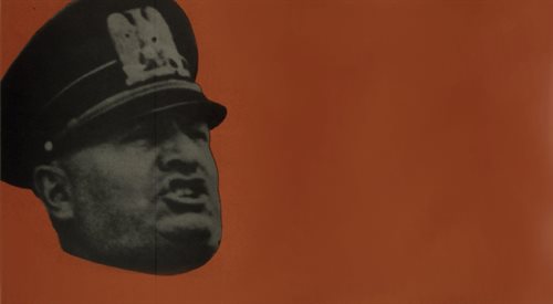 Benito Mussolini przedstawiony na amerykańskim plakacie propagandowym