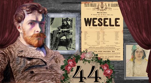 Stanisław Wyspiański na tle fotografii przedstawiającej Stańczyka, plakatu promującego Wesele w 1901 roku oraz portretu Wandy Siemaszkowej, odtwórczyni roli Panny Młodej (zdj. ilustracyjne)
