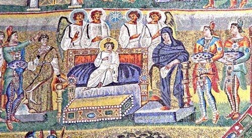Mozaika w Bazylice Matki Bożej Większej w Rzymie przedstawiająca wizytę trzech magów u Jezusa