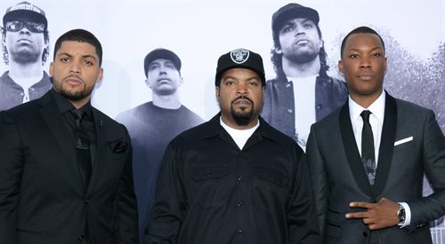 OShea Jackson, Ice Cube, Corey Hawkins podczas premiery filmu Straight Outta Compton