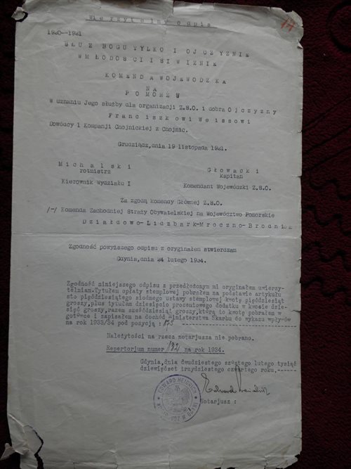 odpis dokumentu potwierdzającego udział  Franciszka Weissa w wojnie polsko-bolszewickiej jako dowódcy kompanii ochotniczej z Chojnic