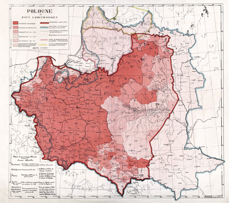 Linia Dmowskiego (na czerwono) i granice przedrozbiorowe (niebieskie). Fot.: Wikimedia Commons/dp