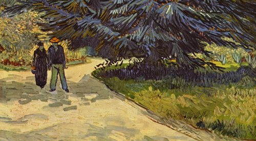 Vincent van Gogh,  Park miejski z parą i niebieską choinką: ogród poetów III (fragm.), 1888 r. w Arles