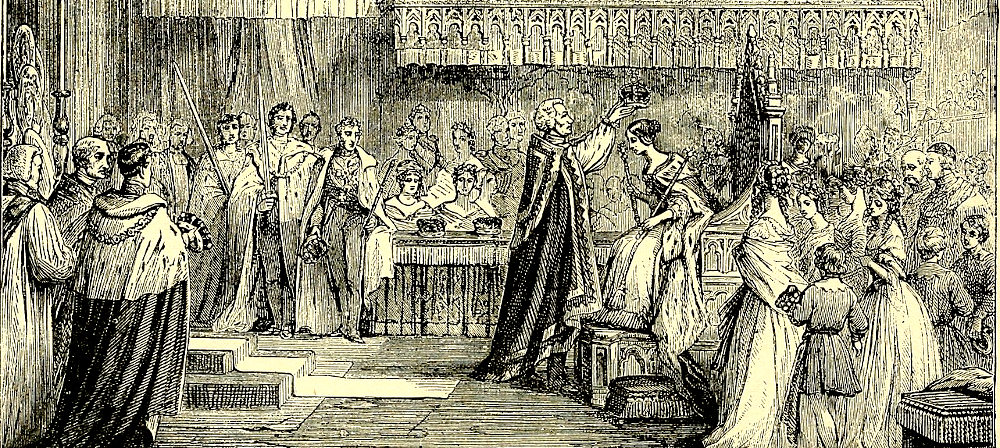 Koronacja królowej Wiktorii siedzącej na tronie św. Edwarda w opactwie westminsterskim. Fot. domena publiczna