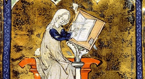 Wizerunek Marie de France z ilustrowanego średniowiecznego manuskryptu