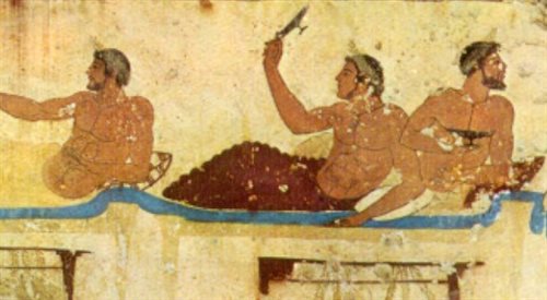 Greckie malowidło naścienne z II połowy V w. p.n.e. Fresk przedstawia starożytną ucztę (można go też zinterpretować jako obraz miłości homoseksualnej). Paestum Museum, Włochy.
