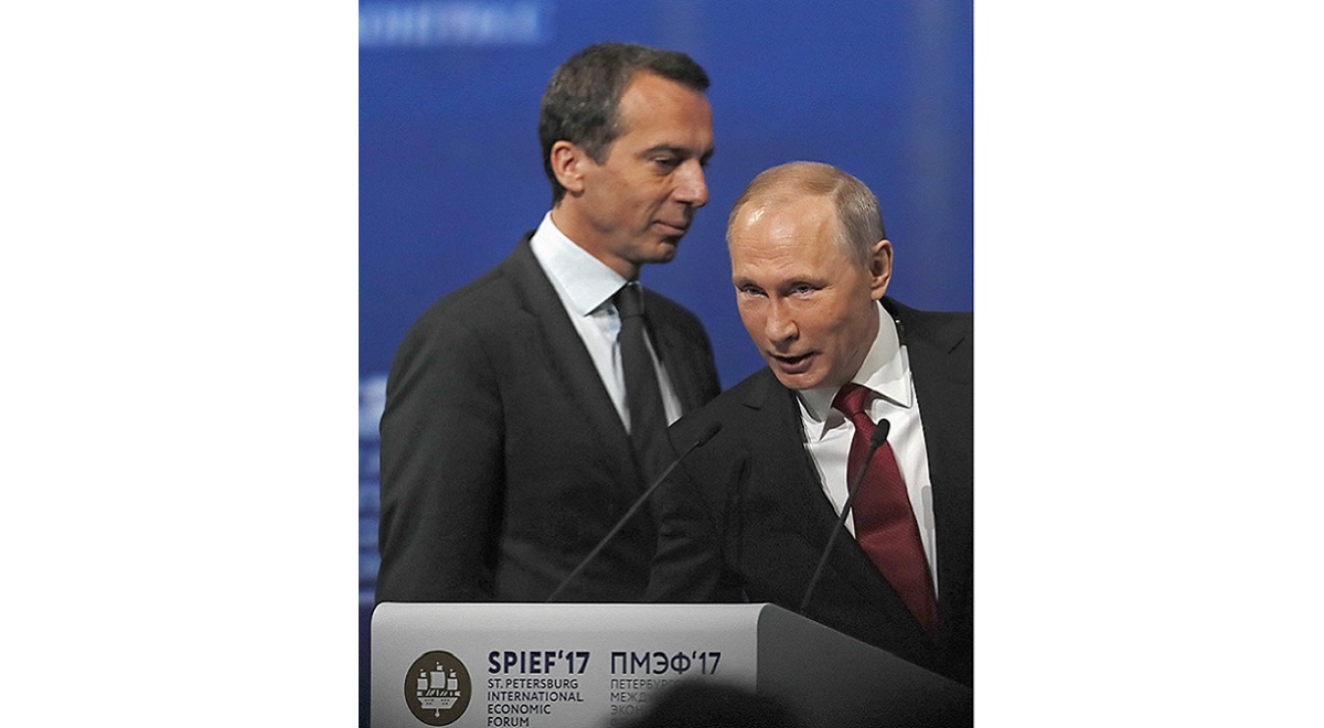 Austrias Christian Kern and Russian President Vladimir Putin during the St. Petersburg International Economic Forum in June 2017.