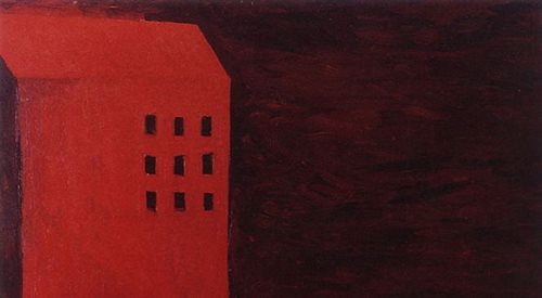 Fragment obrazu Ryszarda Woźniaka Dom dla nieuleczalnie chorych. Katarzynie Kobro 1987