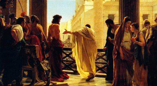 Poncjusz Piłat przedstawiający ubiczowanego Jezusa z Nazaretu mieszkańcom Jerozolimy, obraz  Antonio Ciseriego pt. Ecce homo