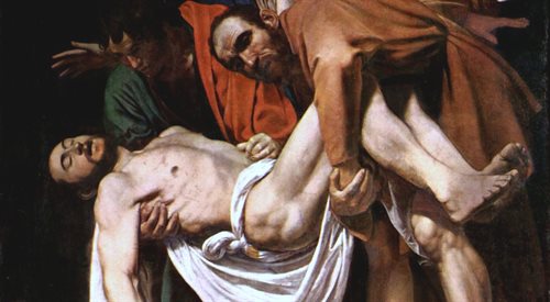 Fragment obrazu Caravaggia pt. Złożenie do grobu