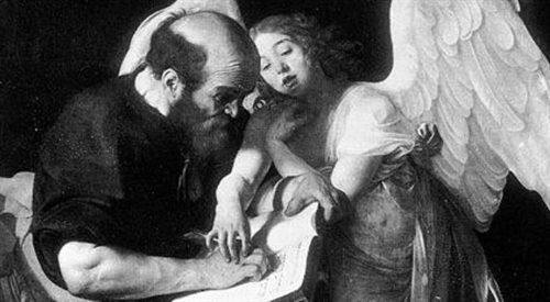 Caravaggio Święty Mateusz i anioł, wersja pierwsza (fragm.). Obraz uległ zniszczeniu podczas II wojny światowej i znany dziś jedynie z czarno-białej fotografii