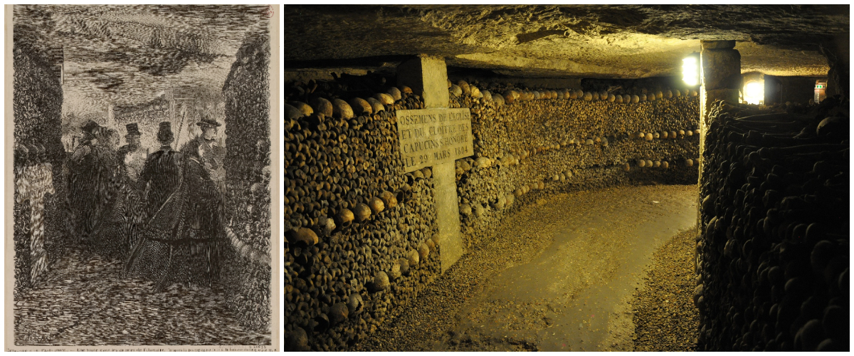 Zwiedzający paryskie katakumby w XIX wieku oraz współczesna fotografia wnętrza ossuarium. Źródło: wikimedia/Pixabay/domena publiczna